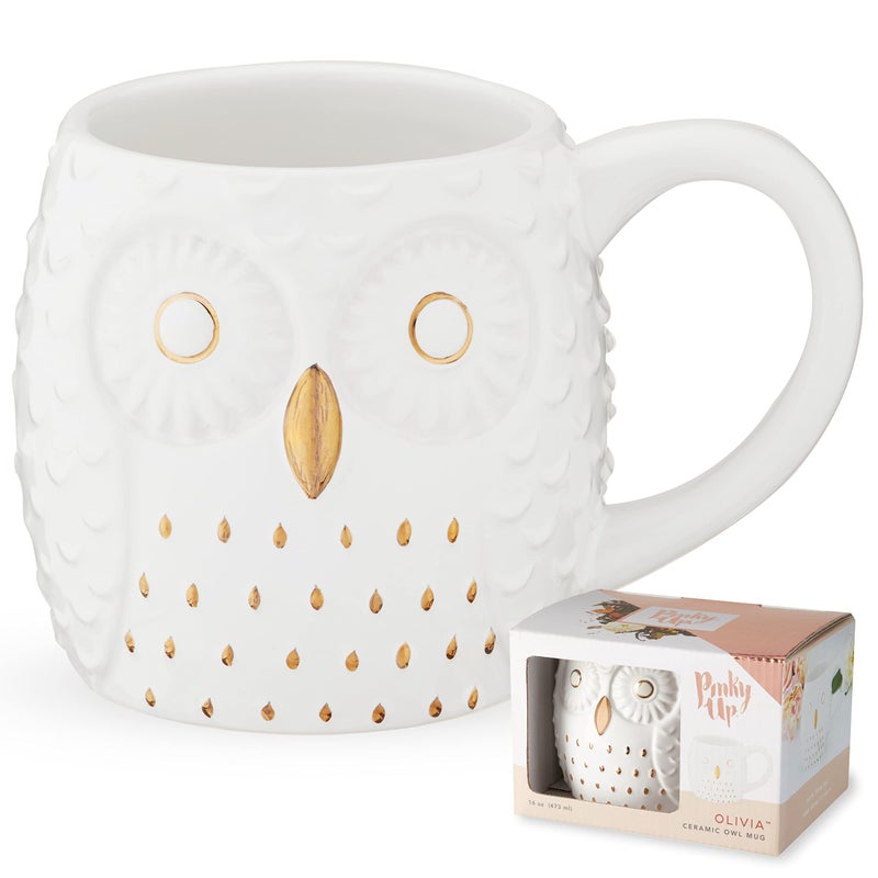 Pinky Up Olivia Owl Mug Cute Mugs for Women Tea Tumbler Cup Tea Accessory Gifts Owl Design White and Gold 16oz