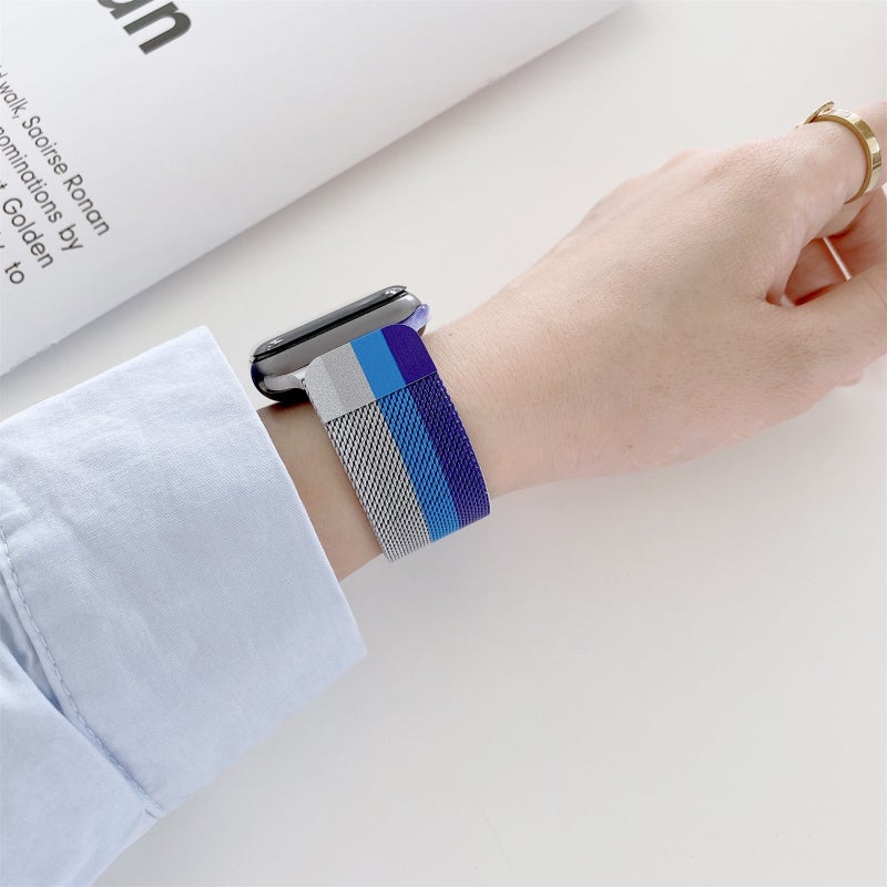 erorex Four-Colors Milanese Watch Band For Apple Watch Ultra 49Mm&Watch Ultra 2 49Mm / Series 9&8&7 45Mm / Se 3&Se 2&6&Se&5&4 44Mm / 3&2&1 42Mm(Silver Grey Blue Purple) - Image 3