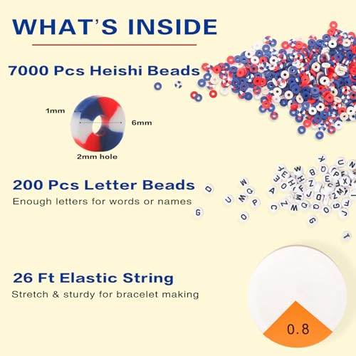 ADIIL 7200pcs Clay Beads Bracelet Making Kit, 6mm Polymer Heishi Beads for Jewelry Making, Friendship Bracelet Kit Birthday Gift for Adults Red Blue White - Image 4
