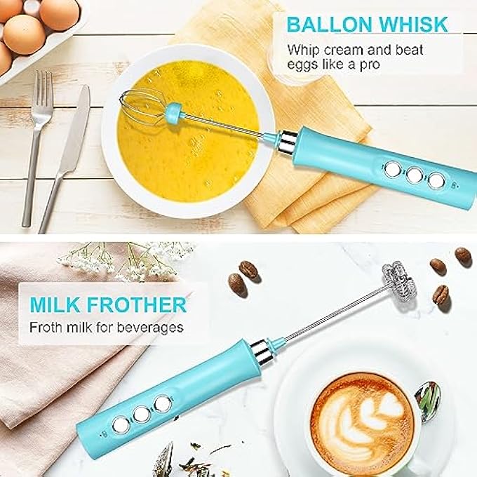 TMSGID Milk Frother Electric Handheld Foam Maker For CoffeeMini Milk WandWith 3 Whisk Electric Hand 3 Speeds Milk Foamer Rechargable Coffee Mixer For CoffeeLattesCappuccino Matcha Blue - Image 4