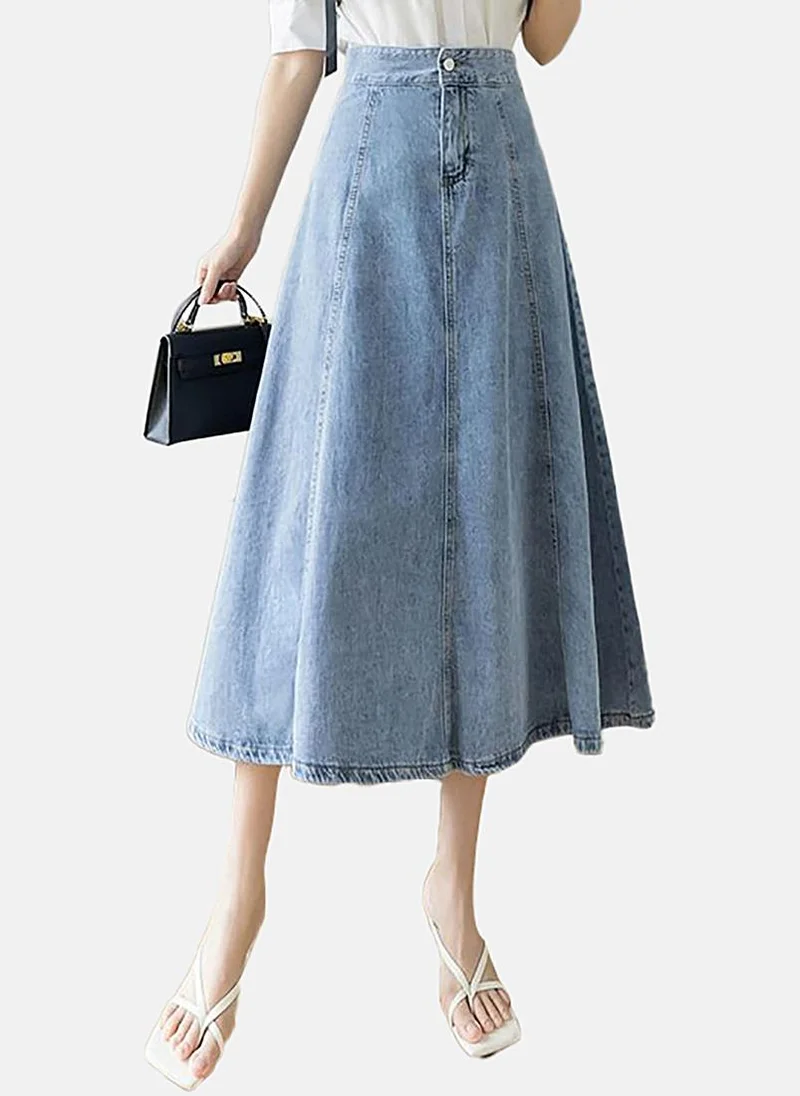 YUNIQEE Blue A-Line Solid Midi Skirt