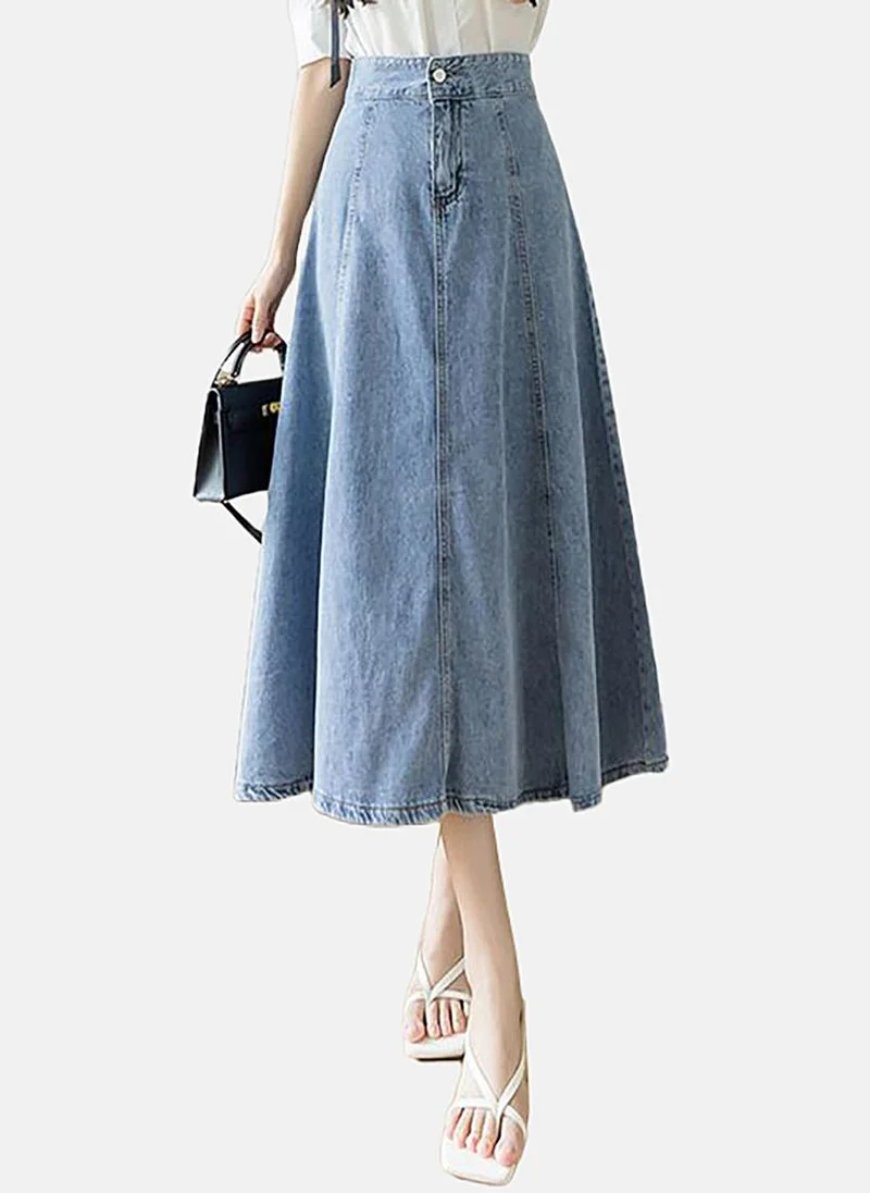 YUNIQEE Blue A-Line Solid Midi Skirt