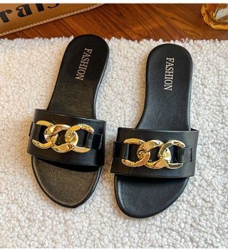 Foreign trade flat slippers for women 2023 Summer new European and American metal buckle one-word casual beach sandals for women Black - pzsku/Z8B1AFF9FF9D34C24D6D9Z/45/1746209291/c47c7768-dc1f-43cb-99cf-42c9a873fbe4