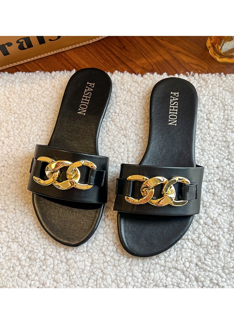Generic - Womens Casual Summer 2023 Flat Foot Slippers With Metal Buckle One-Row Beach Sandals Nylon Lining Rubber Sole Adults Black - Image 1