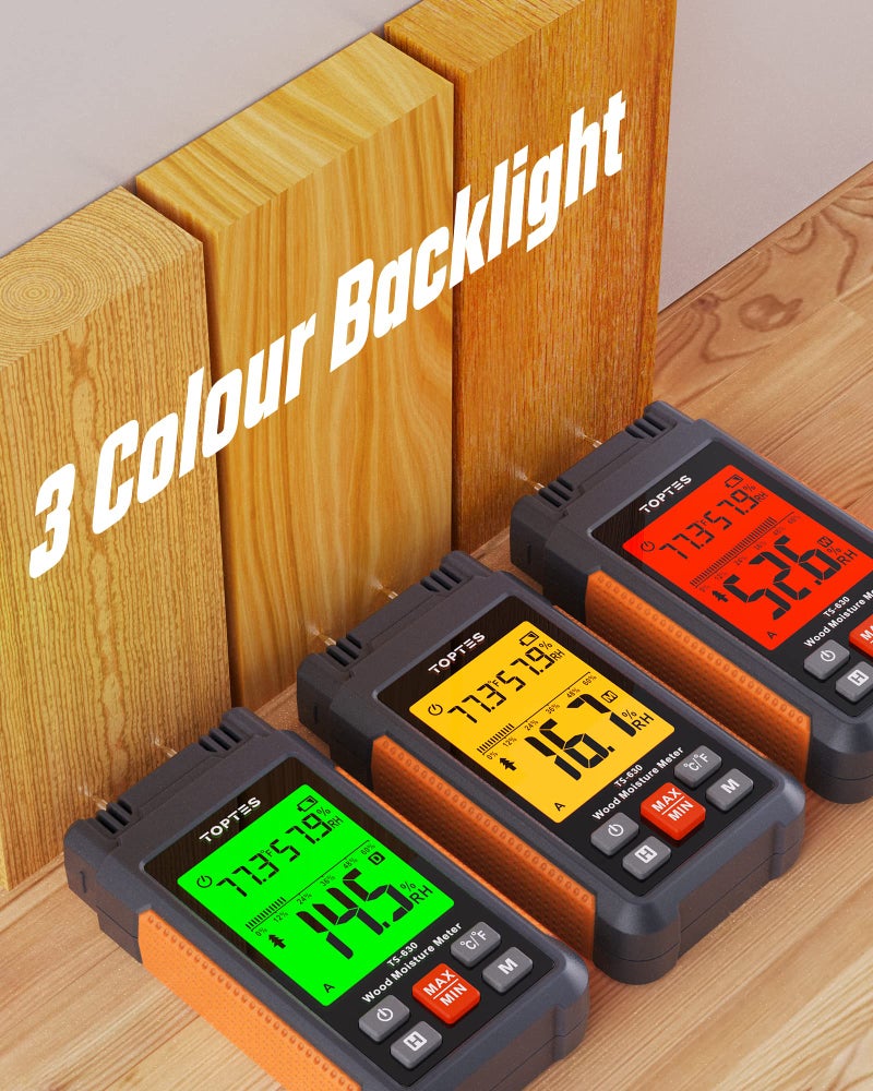 TOPTES Wood Moisture Meter, TopTes Digital Moisture Meter TS-630, Handheld Humidity Tester with 2.25-inch LCD Display, Tricolor Backlight, Check The Dampness Level on Firewood/Drywall - Orange - Image 3