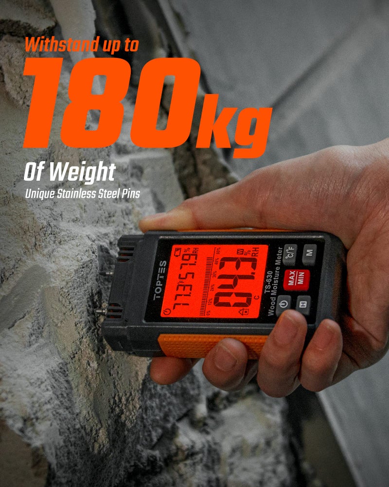 TOPTES Wood Moisture Meter, TopTes Digital Moisture Meter TS-630, Handheld Humidity Tester with 2.25-inch LCD Display, Tricolor Backlight, Check The Dampness Level on Firewood/Drywall - Orange - Image 4
