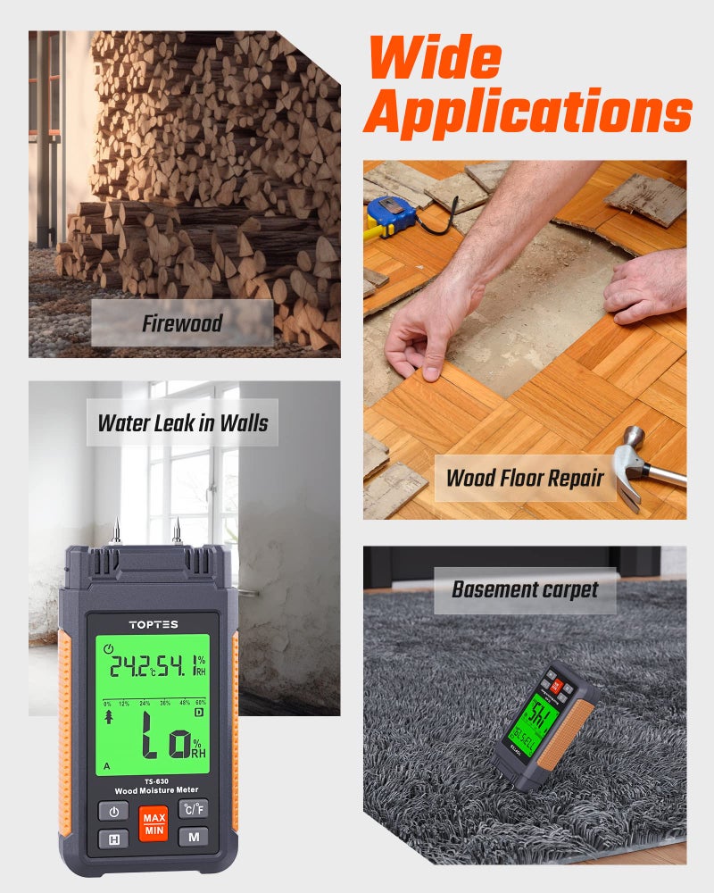 TOPTES Wood Moisture Meter, TopTes Digital Moisture Meter TS-630, Handheld Humidity Tester with 2.25-inch LCD Display, Tricolor Backlight, Check The Dampness Level on Firewood/Drywall - Orange - Image 5