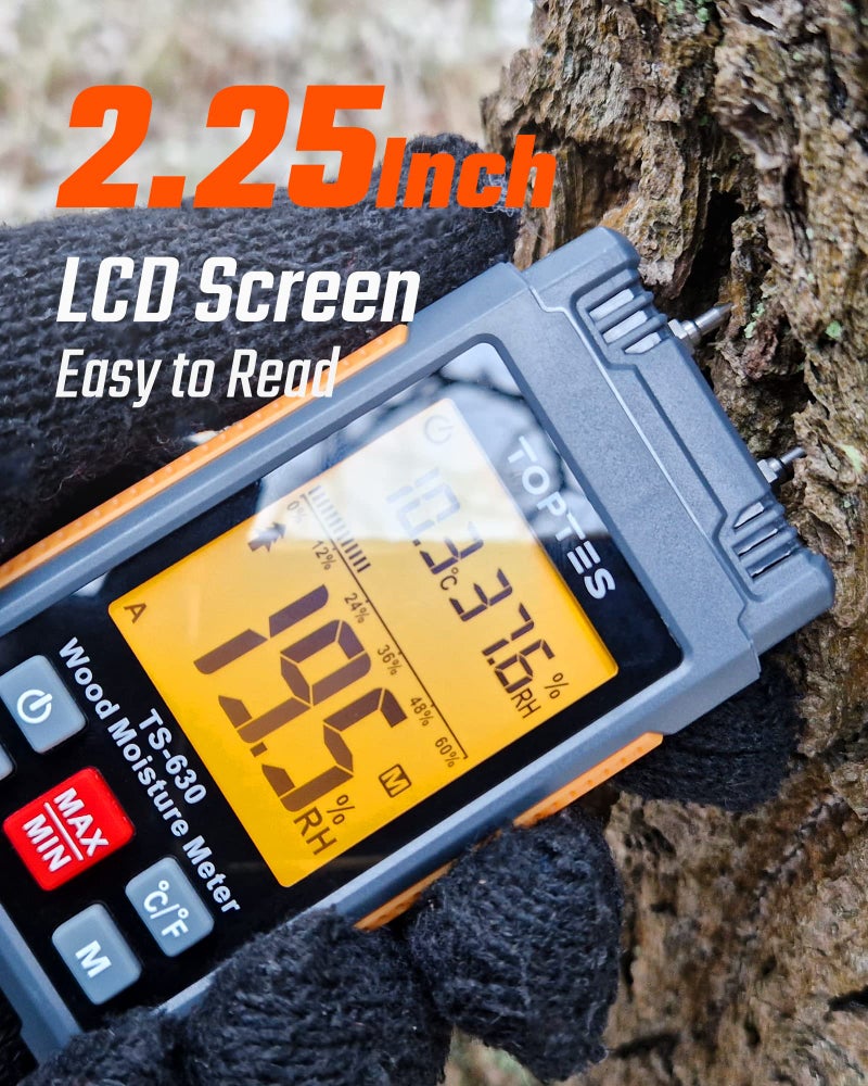 TOPTES Wood Moisture Meter, TopTes Digital Moisture Meter TS-630, Handheld Humidity Tester with 2.25-inch LCD Display, Tricolor Backlight, Check The Dampness Level on Firewood/Drywall - Orange - Image 2