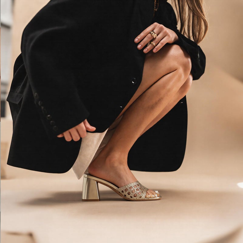 Mattiventon gold Heeled Sandals for Women Braided Slide Sandals Square Open Toe Mules Chunky Heels Slip On Summer Dress Shoes - Image 2