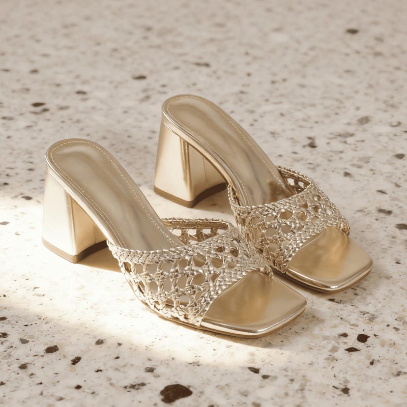 Mattiventon gold Heeled Sandals for Women Braided Slide Sandals Square Open Toe Mules Chunky Heels Slip On Summer Dress Shoes - Image 4