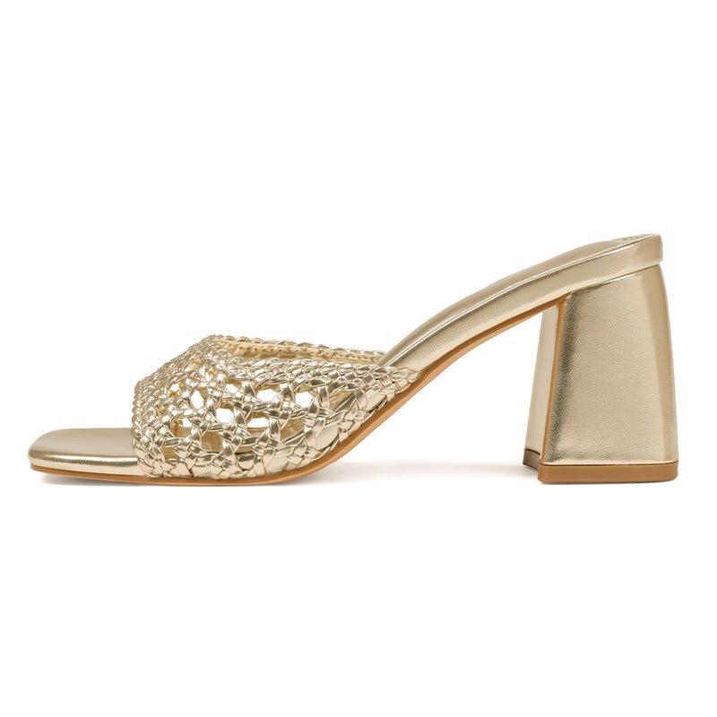 Mattiventon gold Heeled Sandals for Women Braided Slide Sandals Square Open Toe Mules Chunky Heels Slip On Summer Dress Shoes - Image 1