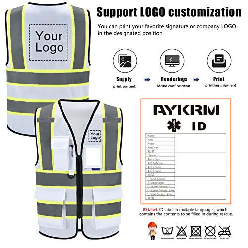 AYKRM 3x safety vest for men big and tall High Visibility Reflective white Safety Vest for Women Men High Visibility Security with Pockets Zipper - Image 2