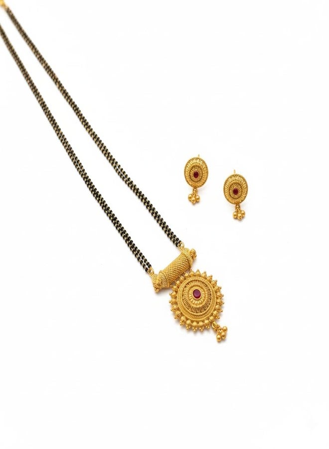 AAIKU Traditional Maharashtrian Mangalsutra with Round Pendant & Earrings | Gold Plated Black Bead Long Chain | Micropolish Design Jewelry for Women & Girls (30 INCH- 2 LINE) - Image 1