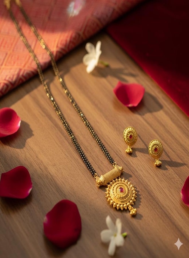 AAIKU Traditional Maharashtrian Mangalsutra with Round Pendant & Earrings | Gold Plated Black Bead Long Chain | Micropolish Design Jewelry for Women & Girls (30 INCH- 2 LINE) - Image 4