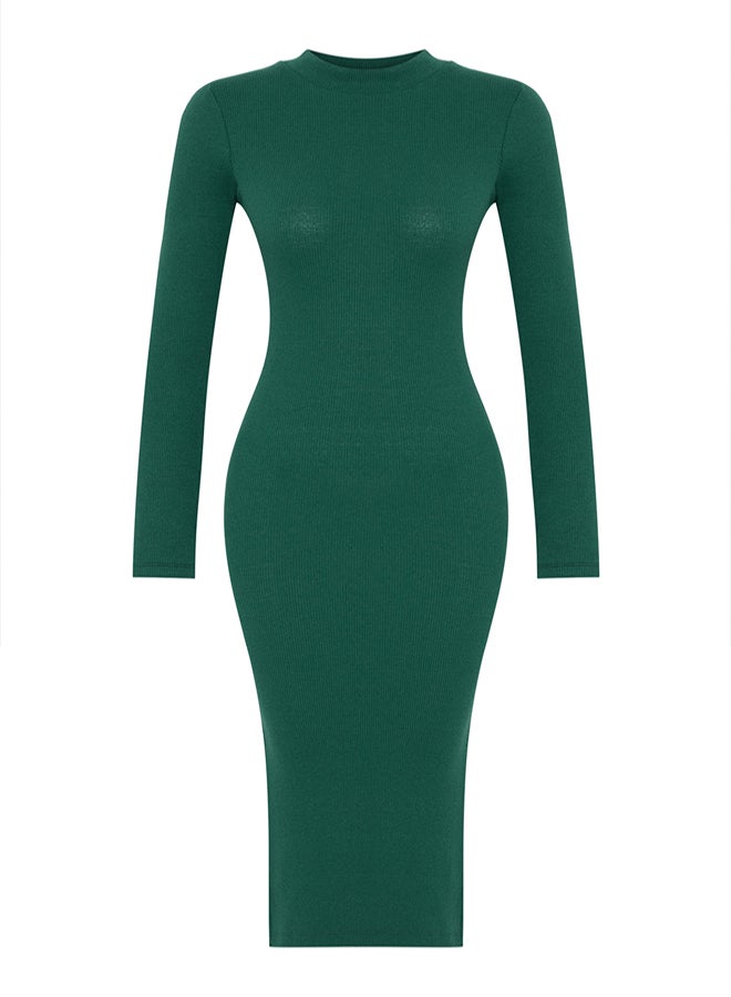 trendyol Emerald Green Stretchy Ribbed Midi Dress  Crew Neck, Slit - Image 5