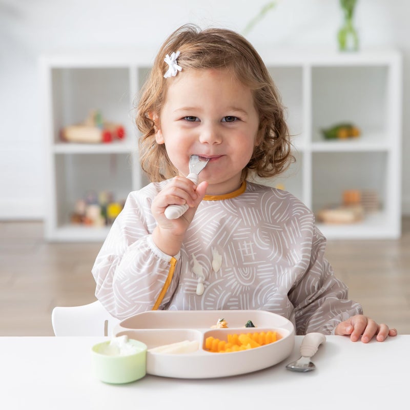 Bumkins Toddler Utensils, Kids Size Fork and Spoon Set, Silicone and Stainless-Steel Training Silverware, Angled Forks/Sporks for Self-Feeding, Children Hold Learning to Eat, 18 Mos Up, Sand Beige - Image 4