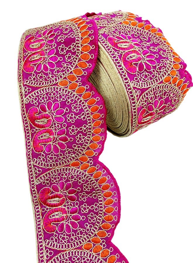 FRIJVEN شريط دانتيل مطرز بالذهب من FRIJVEN، مناسب للساري، الكورتي، الفساتين، البانداني، اللينغا، شريط بتصميم زخرفي - عرض 11 سم (وردي، 4.5 متر) - Image 2