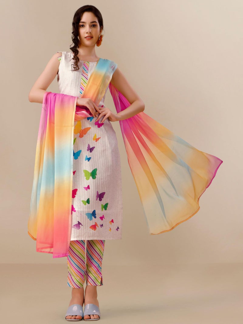 EthnicJunction Women's Silk Blend Straight Digital Print Summer wear Sleeveless Kurta Pant and Dupatta Set White - Image 3