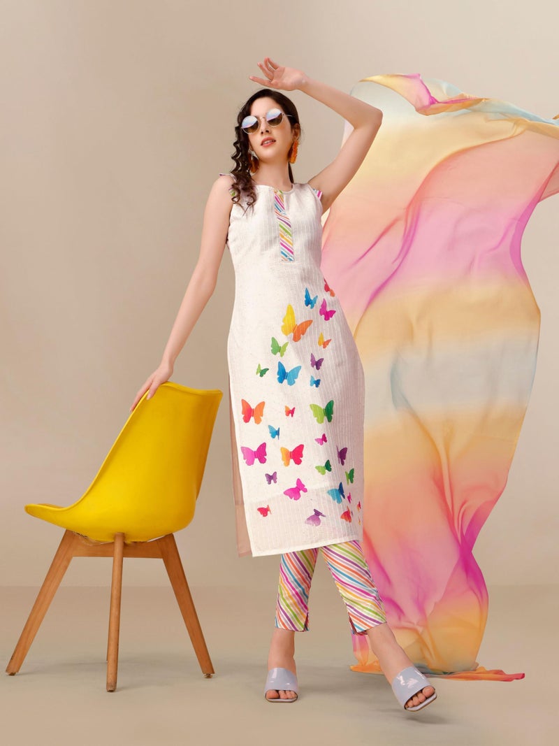 EthnicJunction Women's Silk Blend Straight Digital Print Summer wear Sleeveless Kurta Pant and Dupatta Set White - Image 2