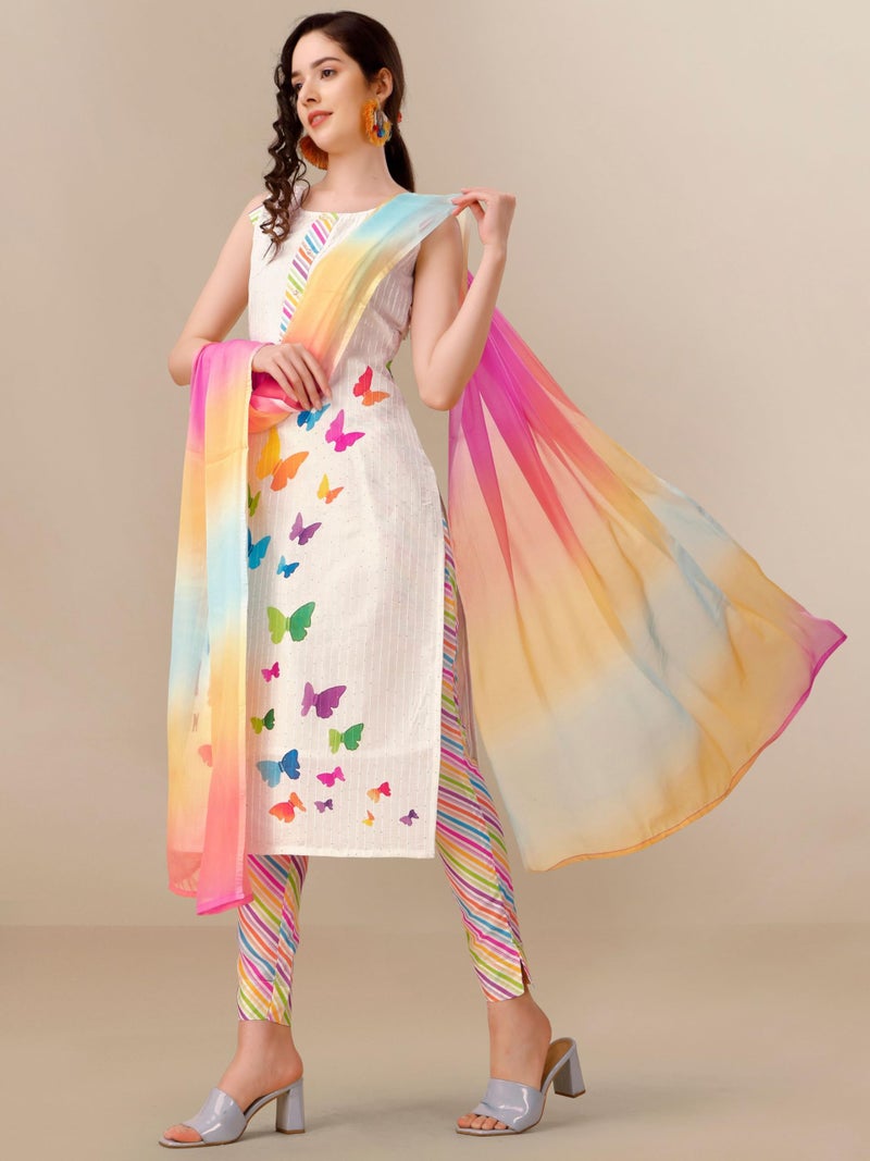 EthnicJunction Women's Silk Blend Straight Digital Print Summer wear Sleeveless Kurta Pant and Dupatta Set White - Image 5