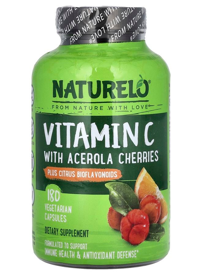 NATURELO Premium Supplements Vitamin C With Acerola Cherries Plus Citrus Bioflavonoids 180 Vegetarian Capsules 