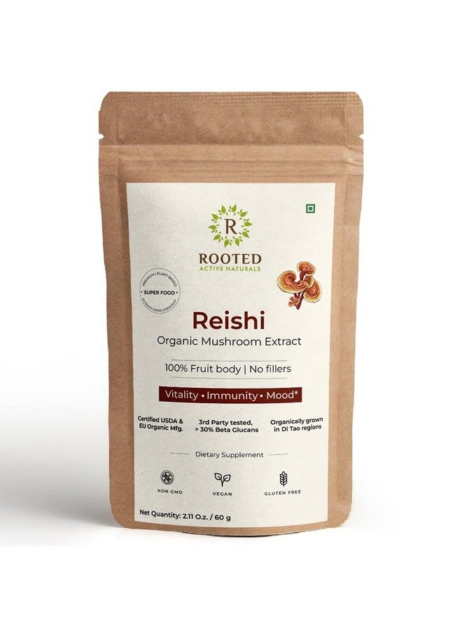 Rooted Reishi mushroom Extract Powder (60 gm) | Heart health, Stress Relief, Liver. USDA Organic, > 30% Beta Glucans, Certified organic - Image 1