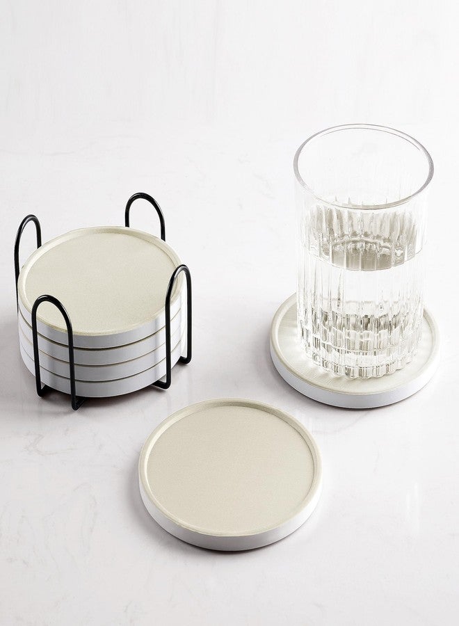 Hoomey Set of 6 Beige Coasters with Holder, Absorbent Ceramic Drink Coasters with Cork Backing for Table Protection, Table Decor, Housewarming Gifts - Image 1