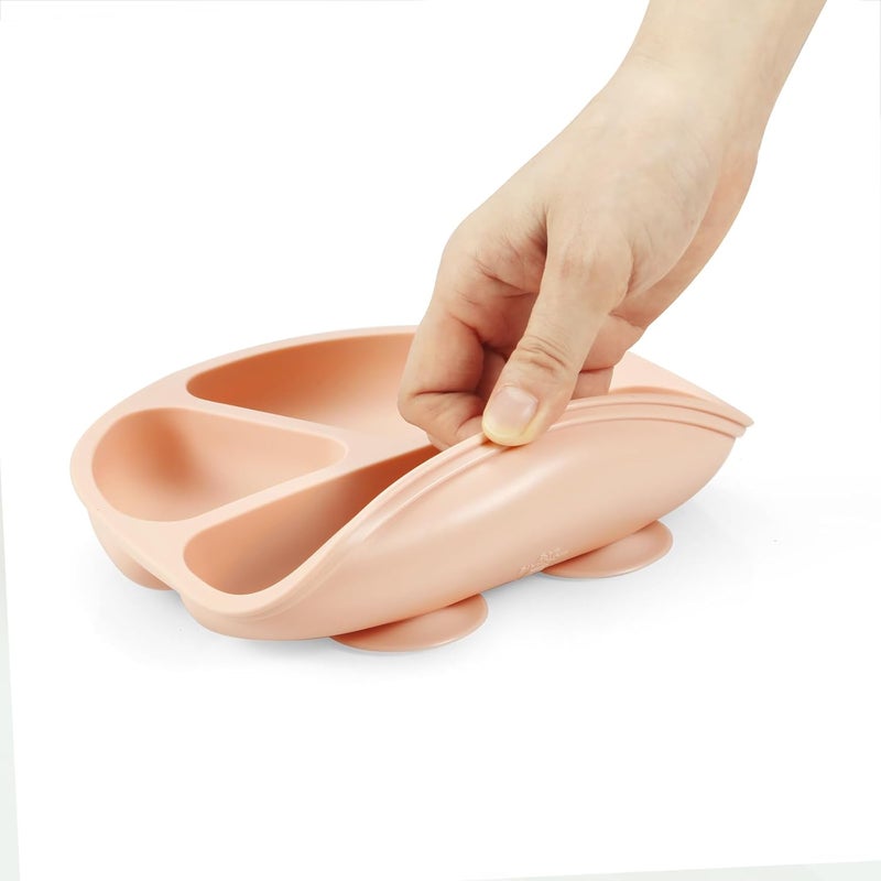 PandaEar أطباق سحب سيليكون مقسمة من باندا إير 2 عبوة مع 2 ملعقة و 2 شوكة للأطفال الرضع والصغار لوازم الفطام الذاتي أدوات تناول الطعام مجموعة تغذية الأطفال خالية من BPA سيليكون وردي  كتان - Image 5