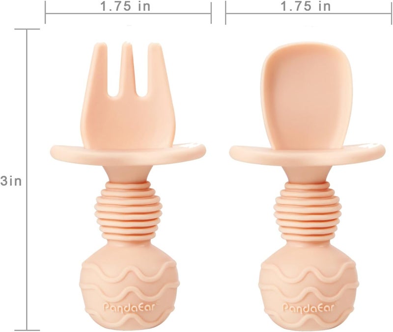 PandaEar أطباق سحب سيليكون مقسمة من باندا إير 2 عبوة مع 2 ملعقة و 2 شوكة للأطفال الرضع والصغار لوازم الفطام الذاتي أدوات تناول الطعام مجموعة تغذية الأطفال خالية من BPA سيليكون وردي  كتان - Image 2