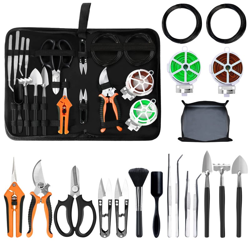 Taschyas Bonsai Tools Set, 20 Pcs Gardening Succulent Tree Indoor Beginner Tool Kit, Include 262 Feet Bonsai Wire, 29.5"x29.5" Plant Repotting Mat, Leather Bag, Bonsai Scissors, Pruning Shears, Gifts for Women - Image 1