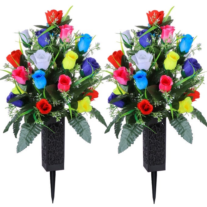 2 SETS ARTIFICIAL CEMETERY FLOWERSOUTDOOR GRAVE DECORATIONS ROSESBEAUTIFUL ARRANGEMENTS BOUQUET WITH CEMETERY VASELASTING AND NONBLEED COLORS COLORFUL
