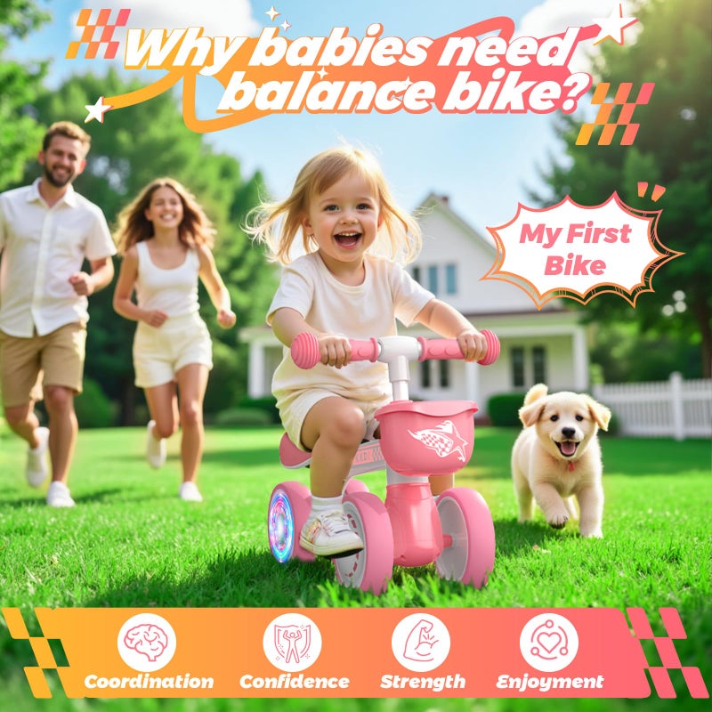 Kkdi Baby Balance Bike Toys for 1 2 Year Old, Pink Toddler Bike, Birthday Gifts for 1 2 Year Old Girls, Safe Ride on Toy, First Bike & Bithday Gift, Colorful Lighting Silent Wheels, No Pedal, 1 Basket - Image 5