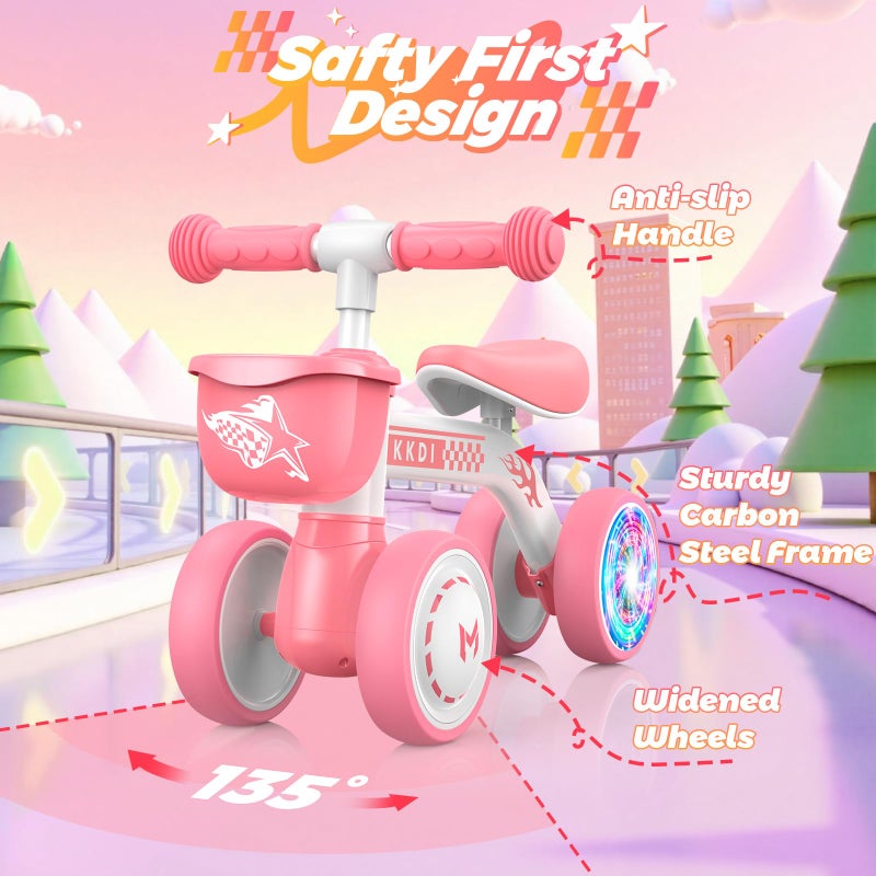 Kkdi Baby Balance Bike Toys for 1 2 Year Old, Pink Toddler Bike, Birthday Gifts for 1 2 Year Old Girls, Safe Ride on Toy, First Bike & Bithday Gift, Colorful Lighting Silent Wheels, No Pedal, 1 Basket - Image 3