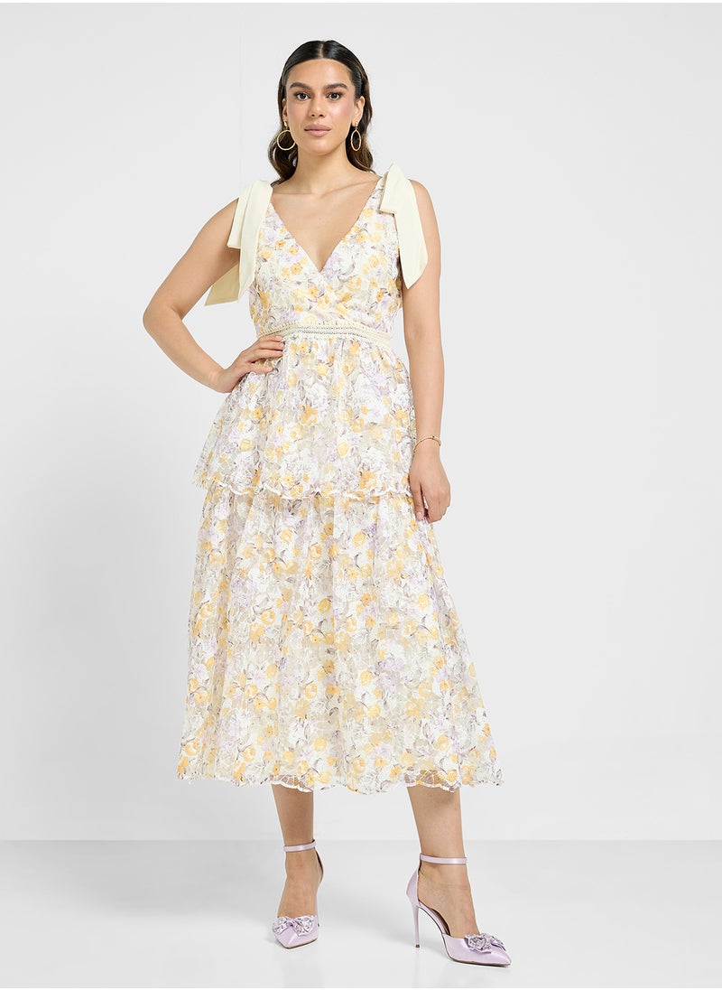 Just Me - Floral Print Shoulder Tie Ruffle Dress - Image 1