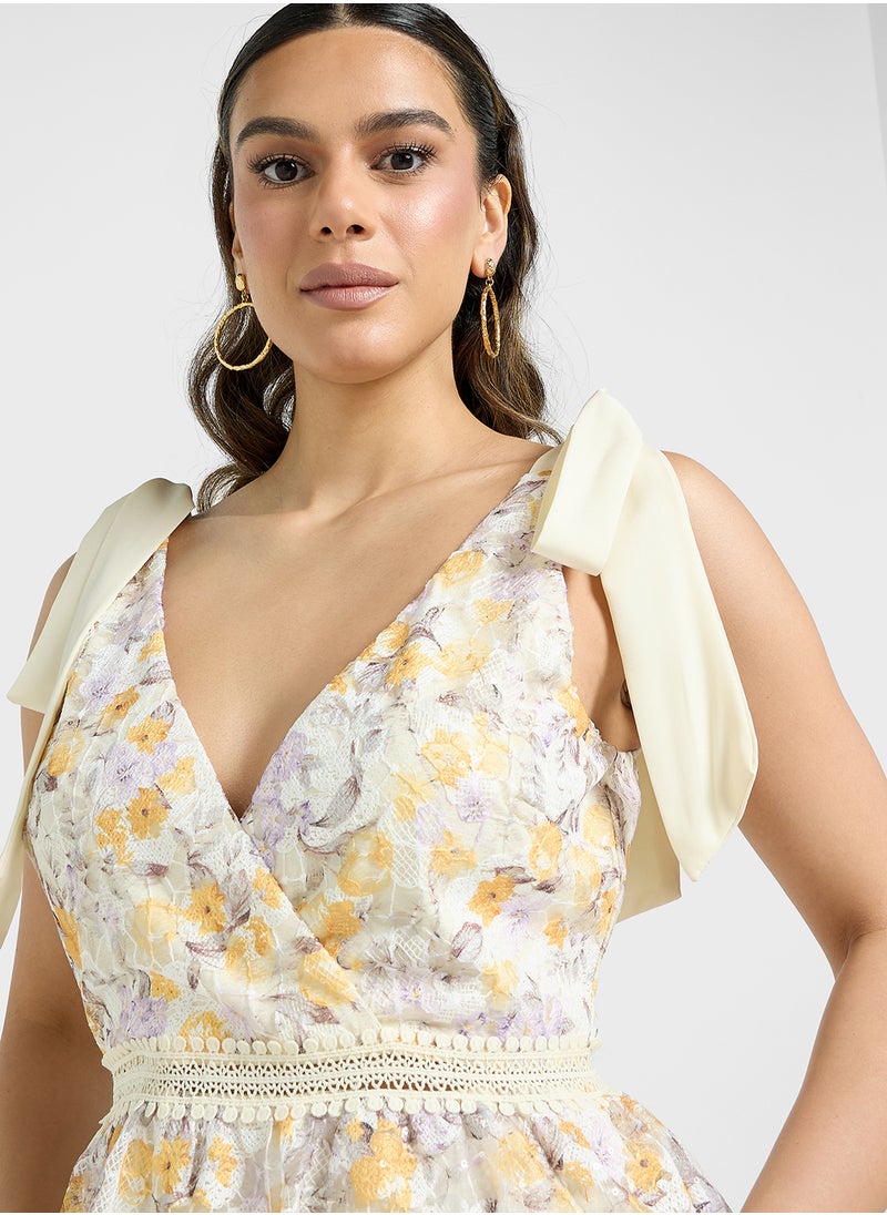 Just Me - Floral Print Shoulder Tie Ruffle Dress - Image 1