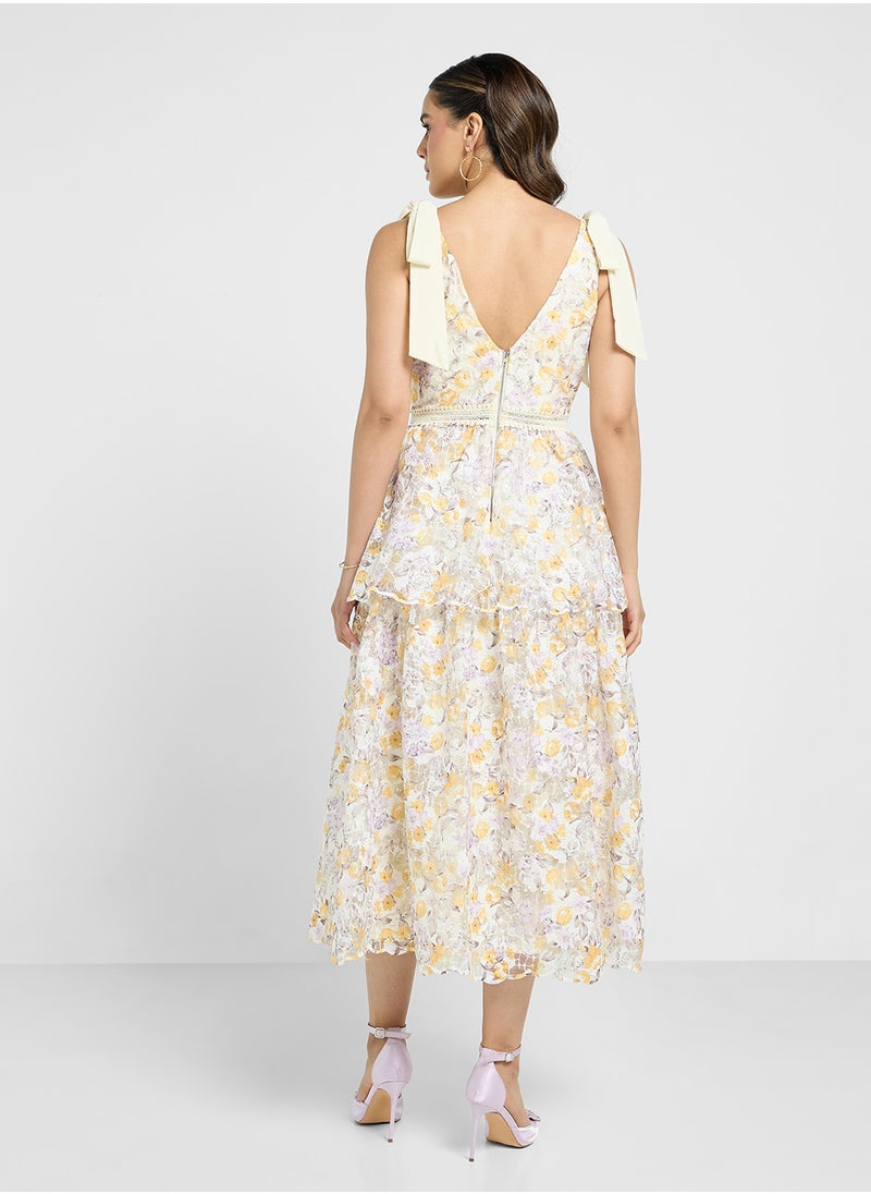 Just Me - Floral Print Shoulder Tie Ruffle Dress - Image 1