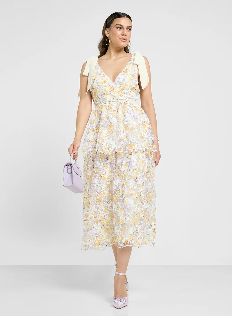Just Me Floral Print Shoulder Tie Ruffle Dress