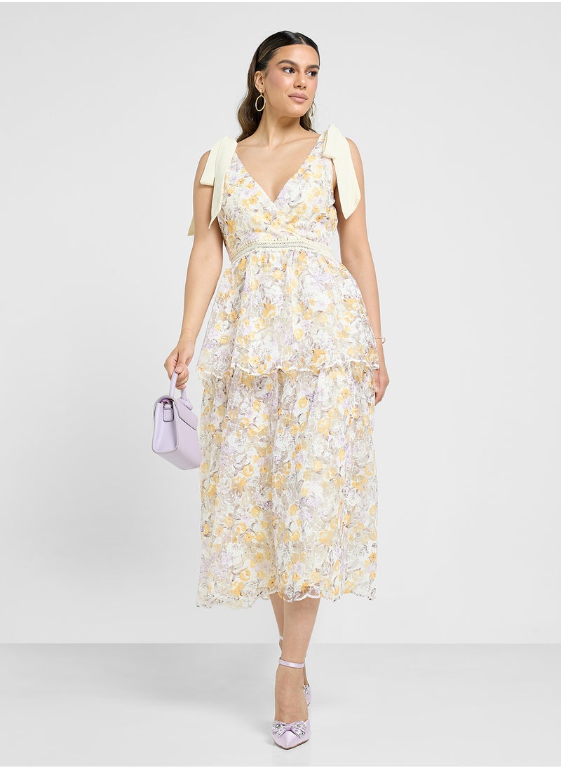 Just Me - Floral Print Shoulder Tie Ruffle Dress - Image 1