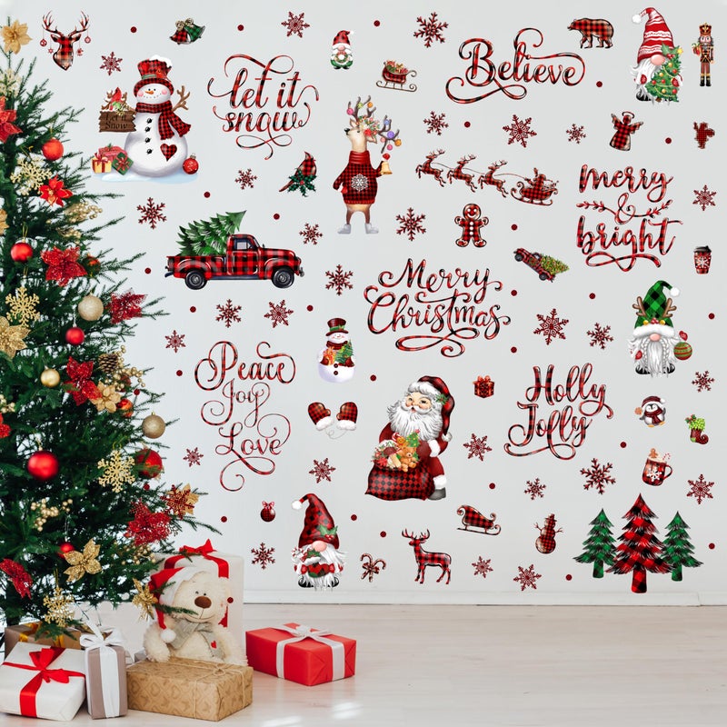 BORAMDO Christmas Wall Stickers Decoration 12 Sheets  Buffalo Plaid Christmas Wall Decals Holiday Letter Trees Decor for Wall  Winter Snowflake Wall Vinyl Stickers for Living Room Bedroom Home Office Decor - Image 1