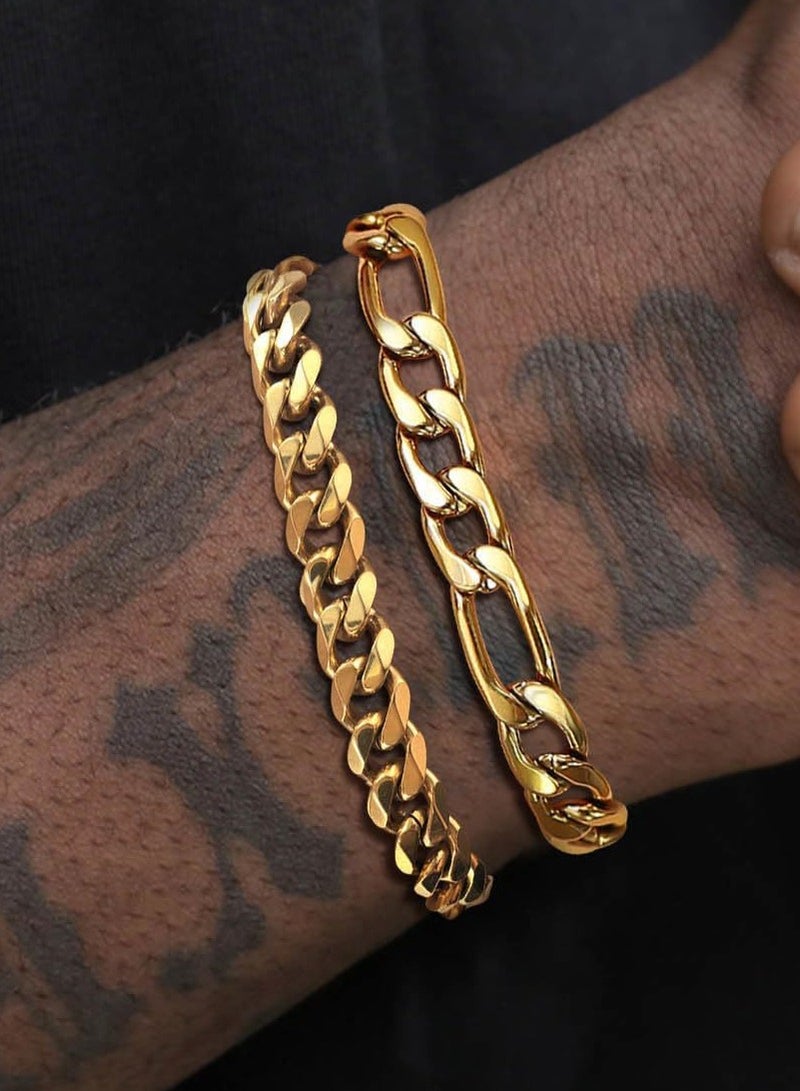 أوليس فيرس  مجموعة سوارين رجالية مكونة من 2 قطع مصنوعة من الفولاذ المقاوم للصدأ (سلاسل كوبا وسلاسل ملتوية) - سوار بلمسة مطلية بالذهب مطحنة من 6 جوانب ومقاومة للتبييض - Image 1