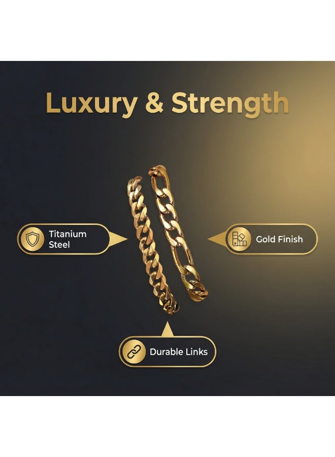 أوليس فيرس  مجموعة سوارين رجالية مكونة من 2 قطع مصنوعة من الفولاذ المقاوم للصدأ (سلاسل كوبا وسلاسل ملتوية) - سوار بلمسة مطلية بالذهب مطحنة من 6 جوانب ومقاومة للتبييض - Image 2