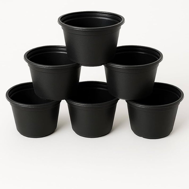 Black Plastic Plant Pots, Round Garden Planter Container, 20cm Diameter, 6 Pack