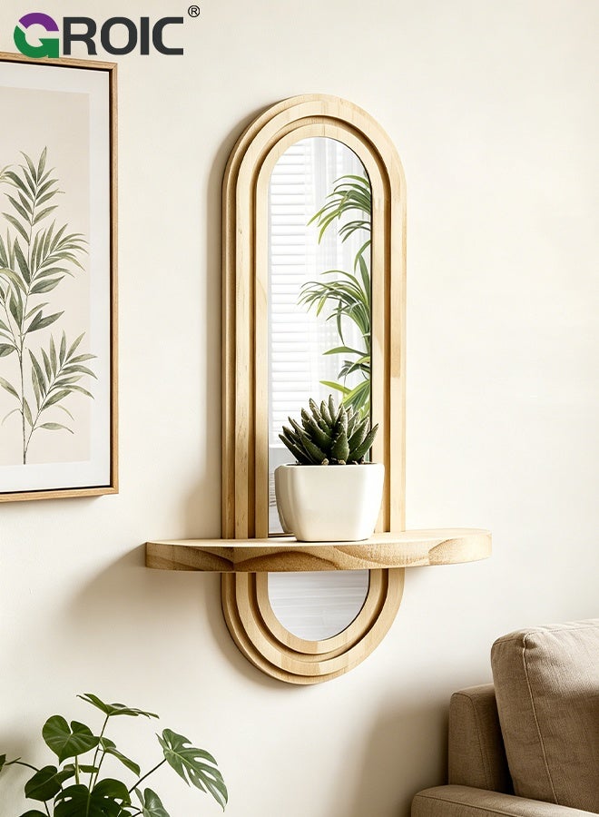 GROIC Wall Mounted Storage Shelf  with Integrated Mirror, Decorative Display for Home And Office, for Home Backdrop Decoration, Plant Display Shelf, Storage Shelf, Bohemian Wooden Shelf - Image 1