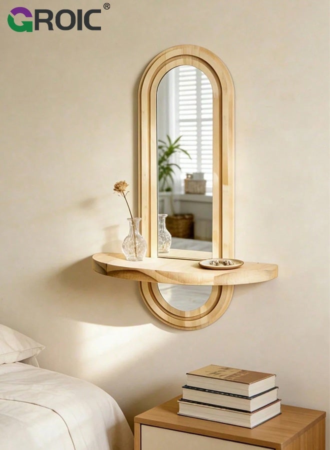 GROIC Wall Mounted Storage Shelf  with Integrated Mirror, Decorative Display for Home And Office, for Home Backdrop Decoration, Plant Display Shelf, Storage Shelf, Bohemian Wooden Shelf - Image 2