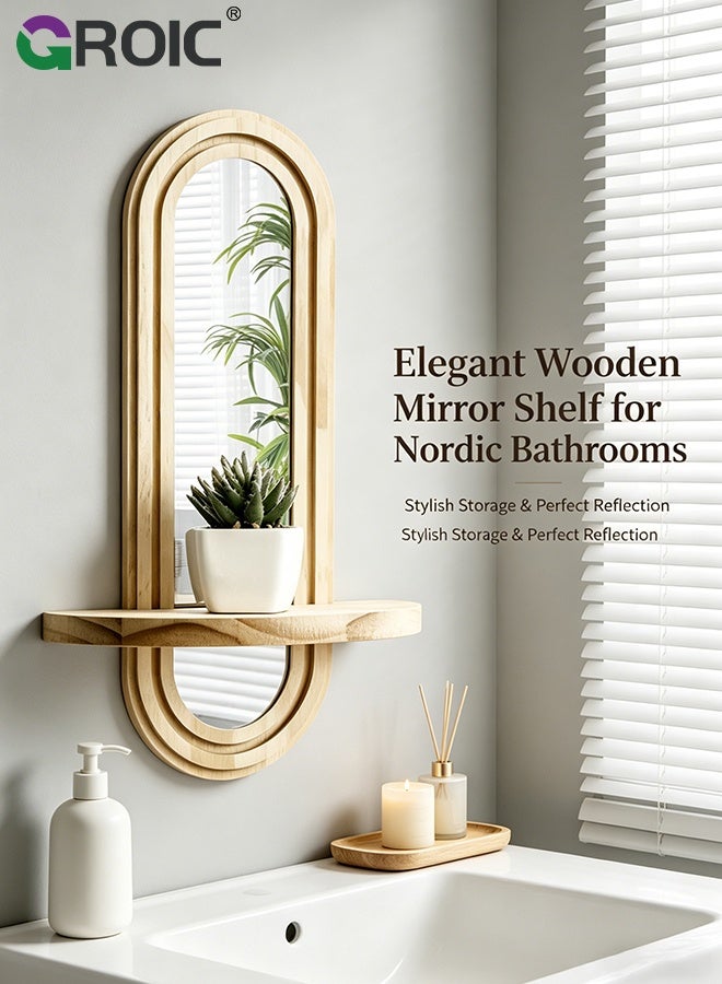 GROIC Wall Mounted Storage Shelf  with Integrated Mirror, Decorative Display for Home And Office, for Home Backdrop Decoration, Plant Display Shelf, Storage Shelf, Bohemian Wooden Shelf - Image 4