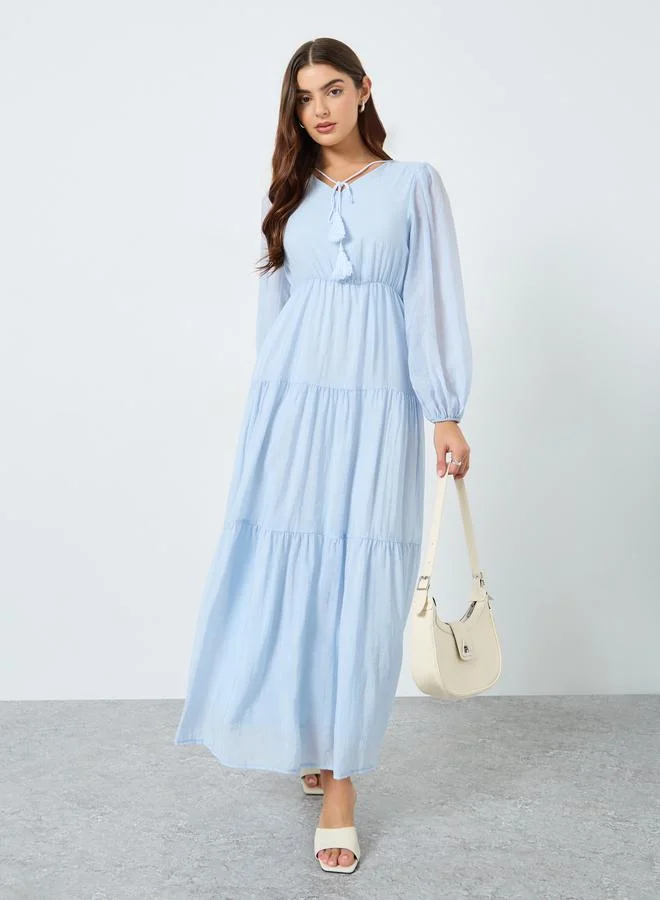 تايك تو فستان طويل سادة بياقة مربوطة وأكمام منفوخة