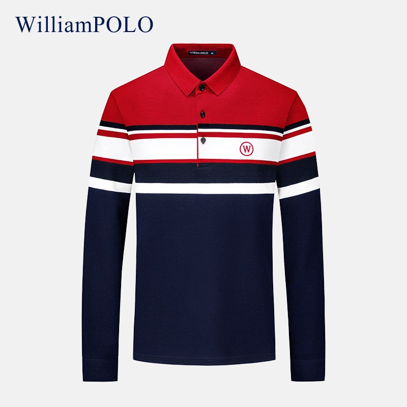 100% Cotton Double-sided Business Men Polo Shirt Long Sleeve T-shirt Middle-aged Dad Men Commuting Top Striped Dark red [100% cotton]] 