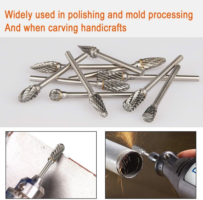 مجموعة رؤوس مثقاب دوارة من الكربيد بقطر 1/8 بوصة ورأس 1/4 بوصة، رؤوس مثقاب دوارة مزدوجة القطع، رؤوس مثقاب لطحن الخشب والحفر والتلميع، 10 قطع - Image 5