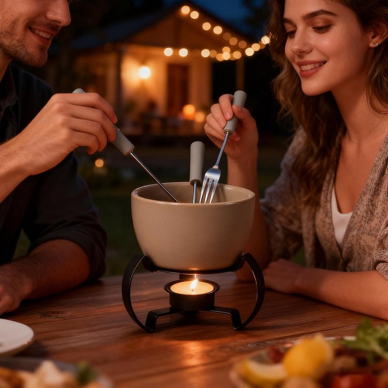 كوب صوص الشوكولاتة، إناء خزفي صغير، مجموعة لإذابة الحلويات، جهاز تسخين الجبن مع شوك، لغمس الكريمة الزبدية والحلويات، مناسب للمنزل، المكتب، النزهات، التخييم، الأعياد، أعياد الميلاد، الحفلات، المطبخ - س - Image 3