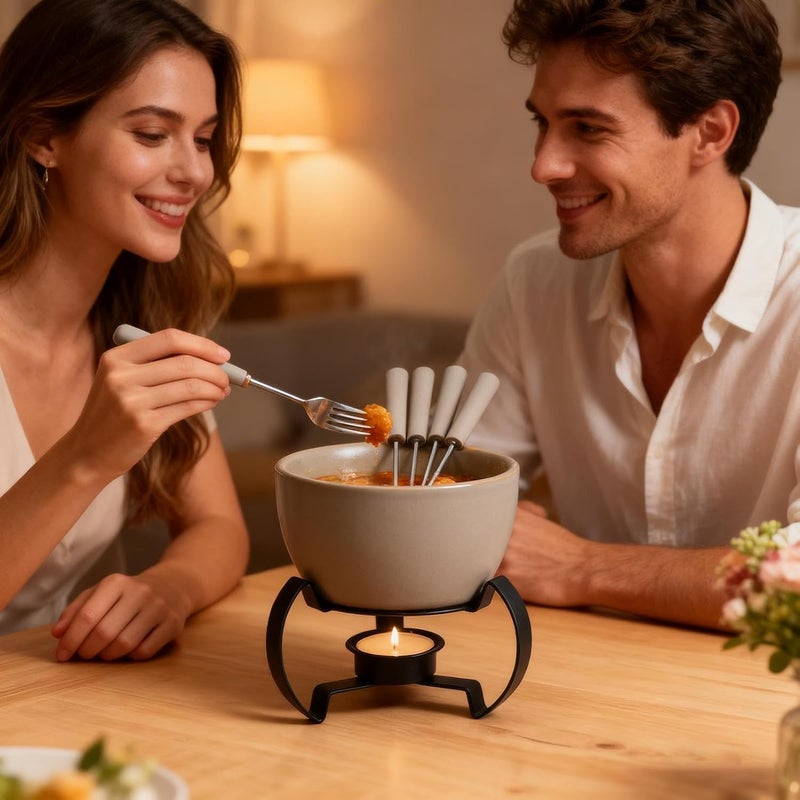 كوب صوص الشوكولاتة، إناء خزفي صغير، مجموعة لإذابة الحلويات، جهاز تسخين الجبن مع شوك، لغمس الكريمة الزبدية والحلويات، مناسب للمنزل، المكتب، النزهات، التخييم، الأعياد، أعياد الميلاد، الحفلات، المطبخ - س - Image 5